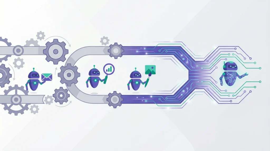 Flujo de automatización de marketing con agentes de inteligencia artificial procesando datos