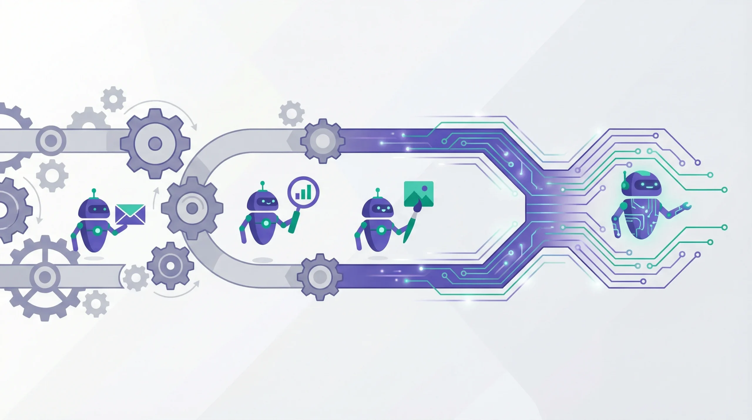 Flujo de automatización de marketing con agentes de inteligencia artificial procesando datos