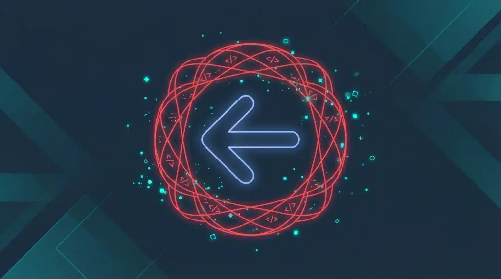 Ilustración del back button hijacking: flecha del botón volver del navegador atrapada en una red de código malicioso sobre fondo oscuro