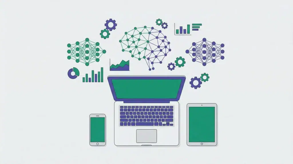 Dashboard con herramientas de inteligencia artificial para marketing mostrando métricas y análisis