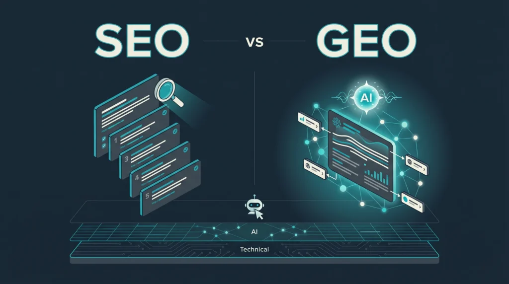 Ilustración del debate SEO vs GEO en 2026: Google y Bing en un tira y afloja sobre una cuerda que enfrenta SEO y GEO en fondo azul oscuro