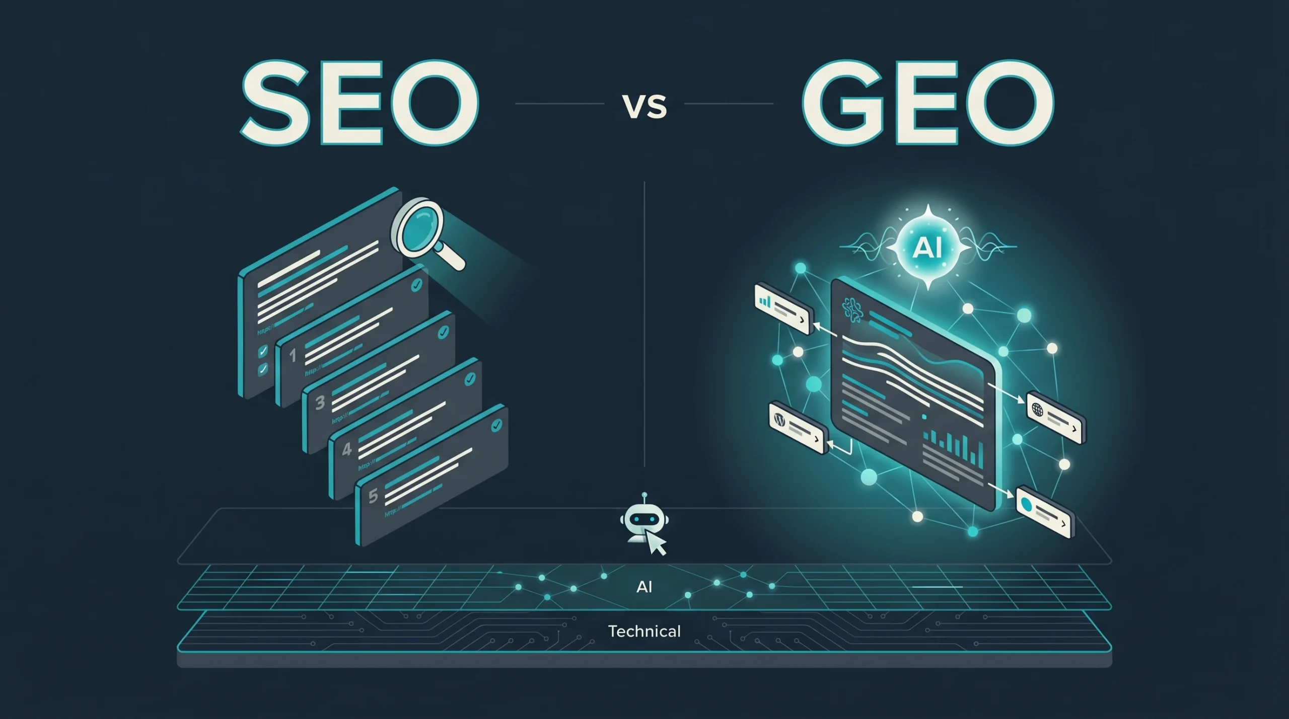 Ilustración del debate SEO vs GEO en 2026: Google y Bing en un tira y afloja sobre una cuerda que enfrenta SEO y GEO en fondo azul oscuro