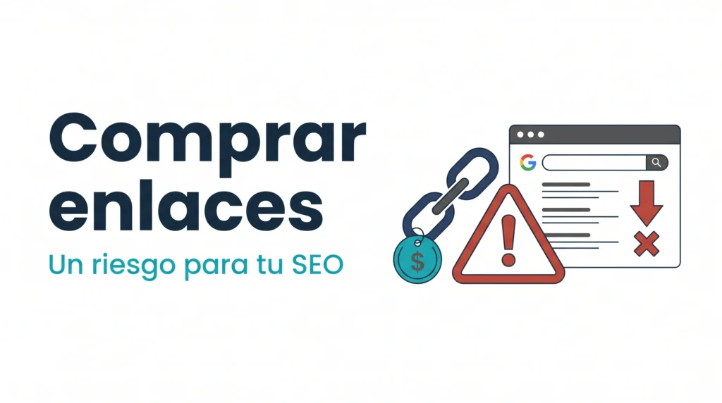 Comprar enlaces, un riesgo para el SEO — enlace con etiqueta de precio y señal de aviso — AMDT