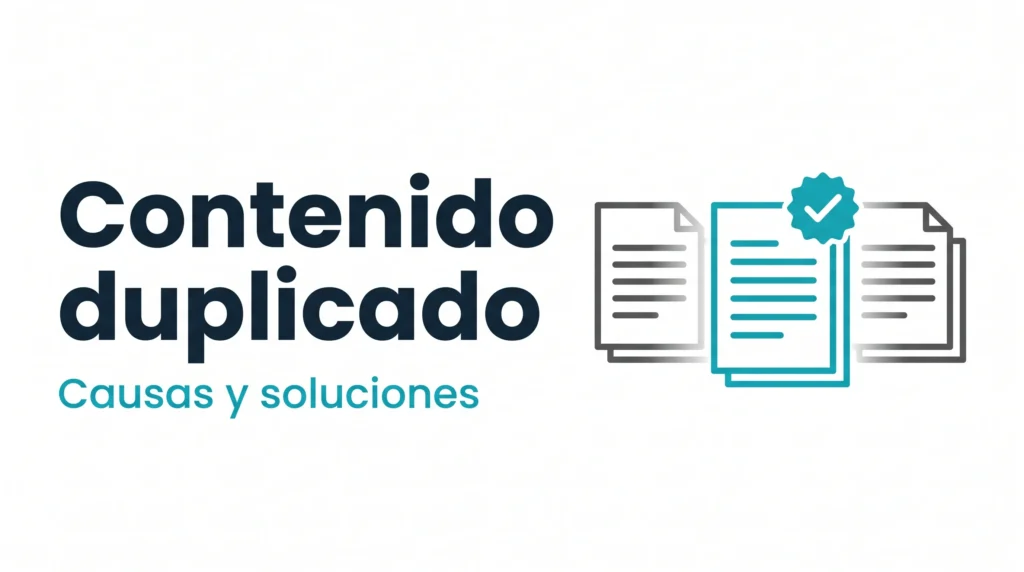 Contenido duplicado en SEO: causas y soluciones — ilustración de fotocopias con la versión canónica marcada — AMDT