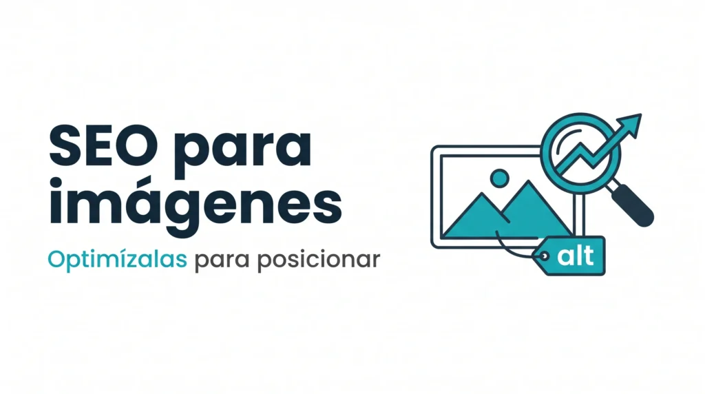SEO para imágenes: cómo optimizarlas — icono de imagen con etiqueta alt y lupa de búsqueda — AMDT