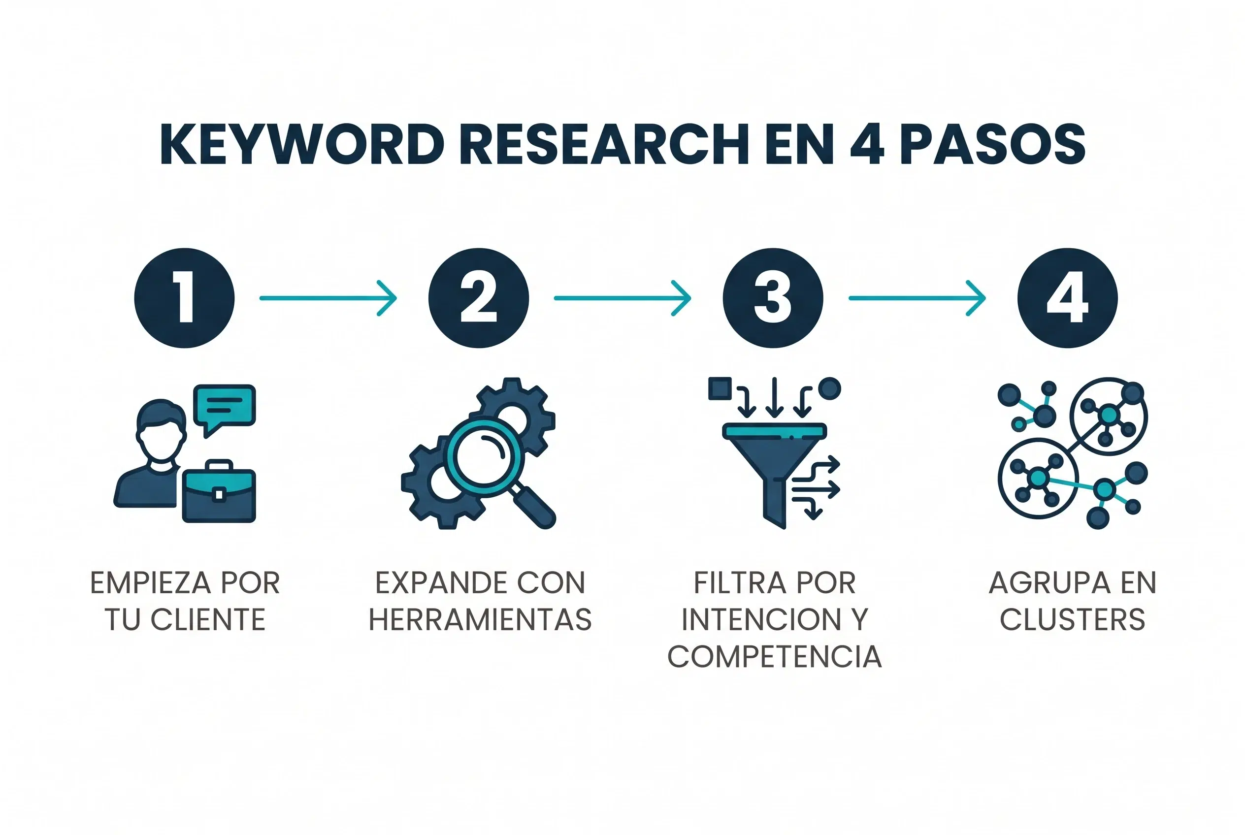Proceso de keyword research en 4 pasos: empieza por el cliente, expande con herramientas, filtra y agrupa en clusters