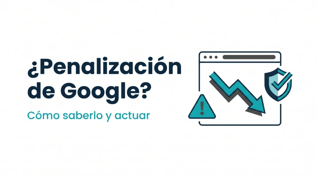 Cómo saber si Google te ha penalizado — web con caída de tráfico, aviso y escudo de protección — AMDT