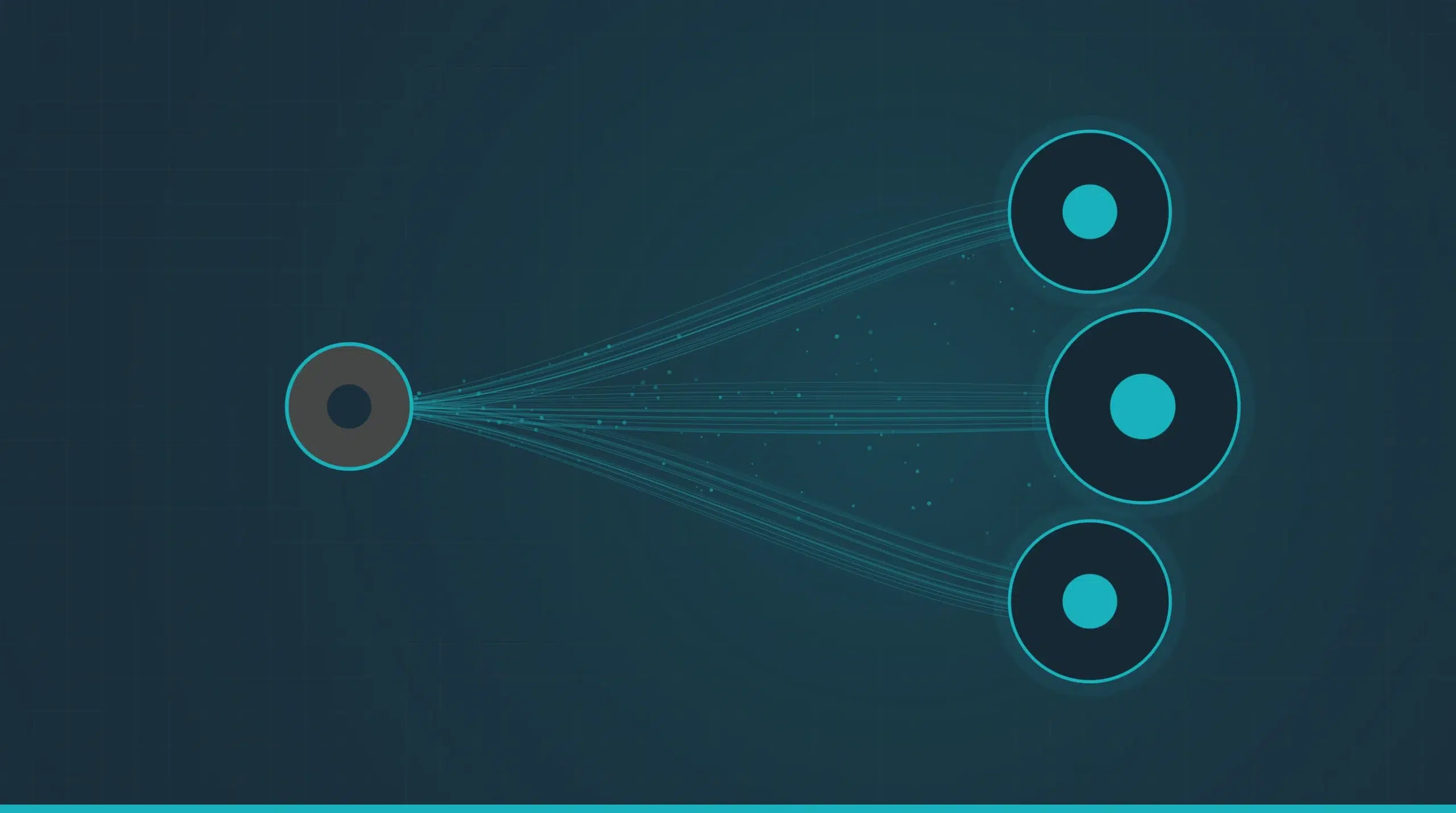 Diagrama abstracto: un nodo emisor lanza mensajes repetidos que saturan tres nodos receptores, metáfora de la reputación online manipulada en sistemas de IA
