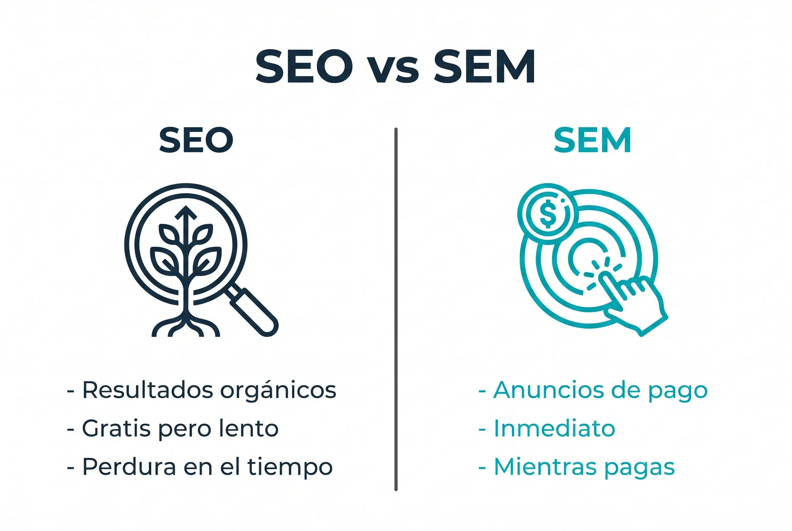 Comparativa de las diferencias entre SEO y SEM: resultados orgánicos gratuitos y duraderos frente a anuncios de pago inmediatos