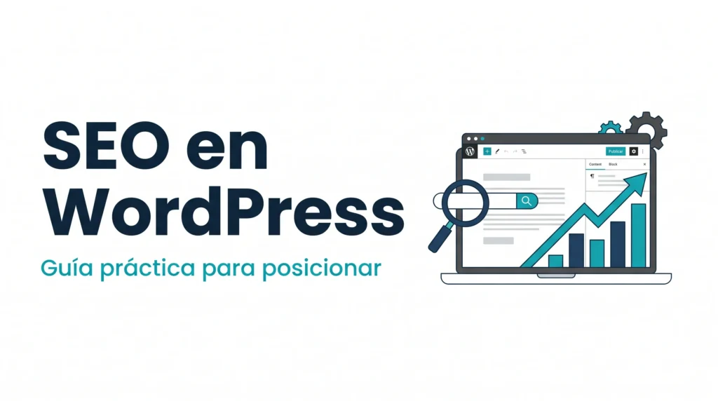 Cómo mejorar el SEO en WordPress: guía práctica — panel de WordPress con flecha de crecimiento y engranajes de optimización — AMDT