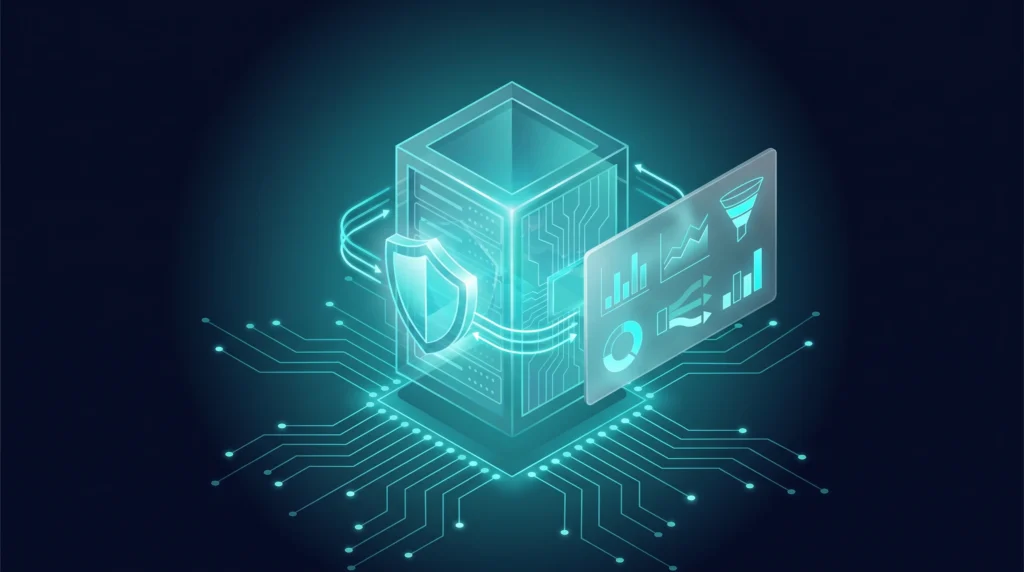 Servidor de analítica autoalojado con escudo de privacidad alimentando un panel de métricas