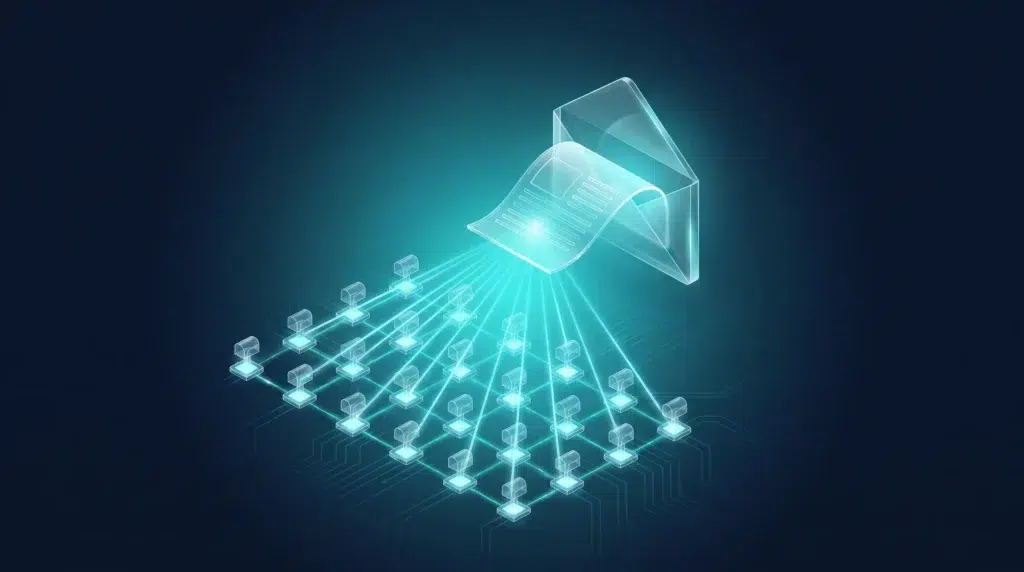 Sobre abierto distribuyendo una newsletter a una red de buzones suscriptores