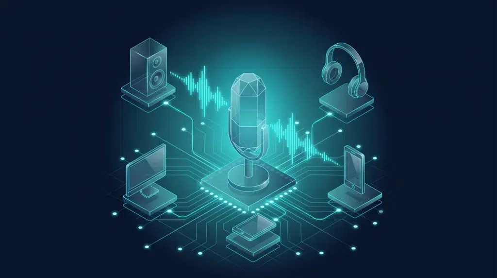 Micrófono emitiendo una onda de audio que se distribuye por varias plataformas de escucha