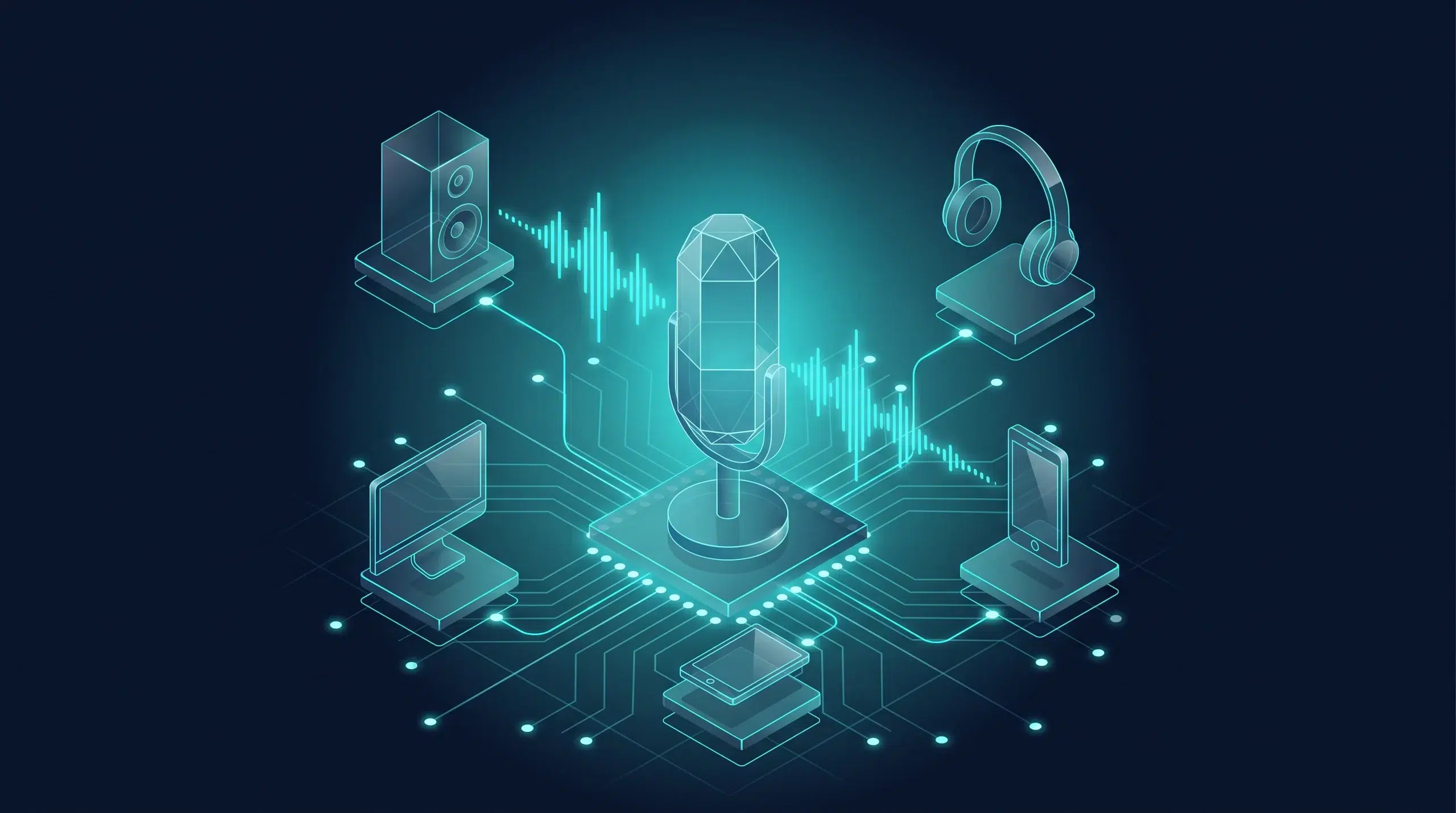 Micrófono emitiendo una onda de audio que se distribuye por varias plataformas de escucha