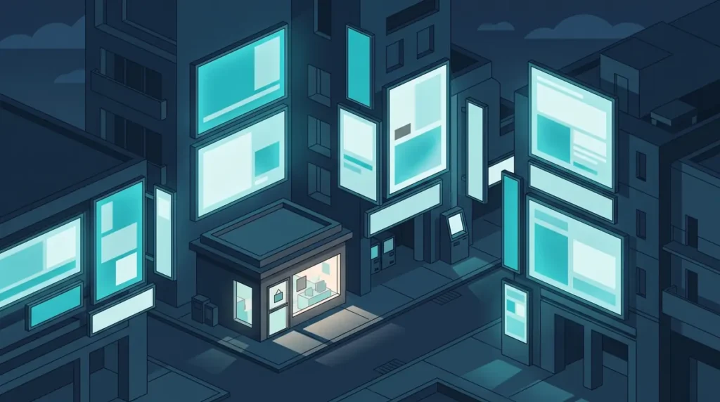 Ilustración isométrica de una pequeña tienda con el escaparate iluminado, rodeada y eclipsada por grandes pantallas encendidas en las fachadas de la calle