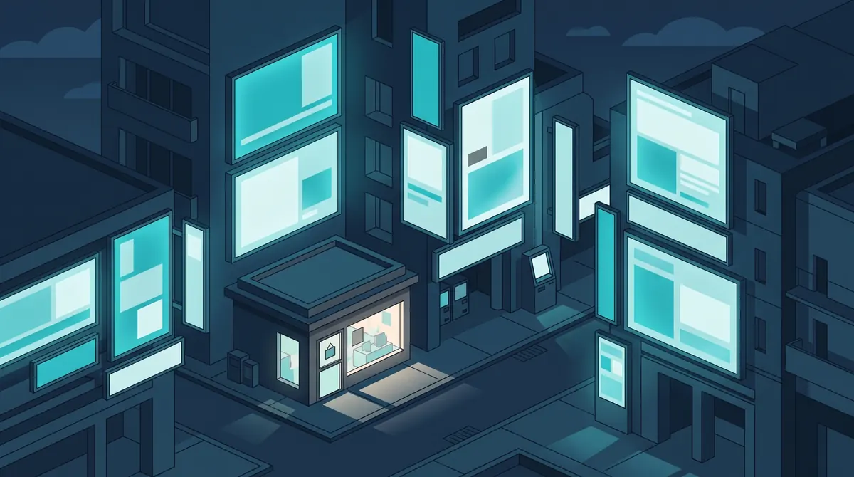 Ilustración isométrica de una pequeña tienda con el escaparate iluminado, rodeada y eclipsada por grandes pantallas encendidas en las fachadas de la calle
