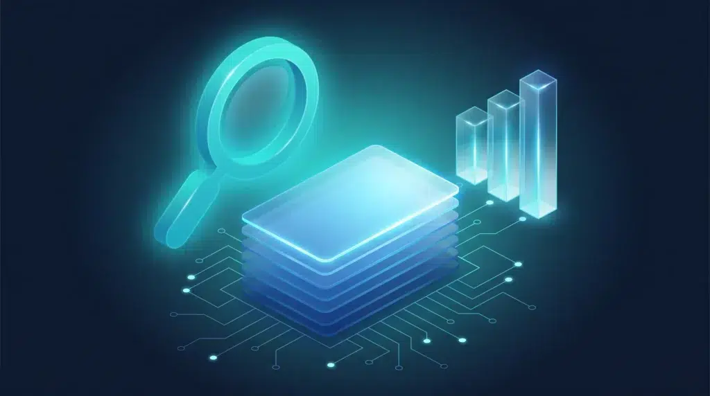Lupa examinando resultados de búsqueda ordenados por relevancia, concepto de posicionamiento SEO