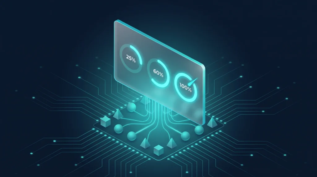 Panel de indicadores con anillos de progreso y aguja de objetivo alimentado por datos