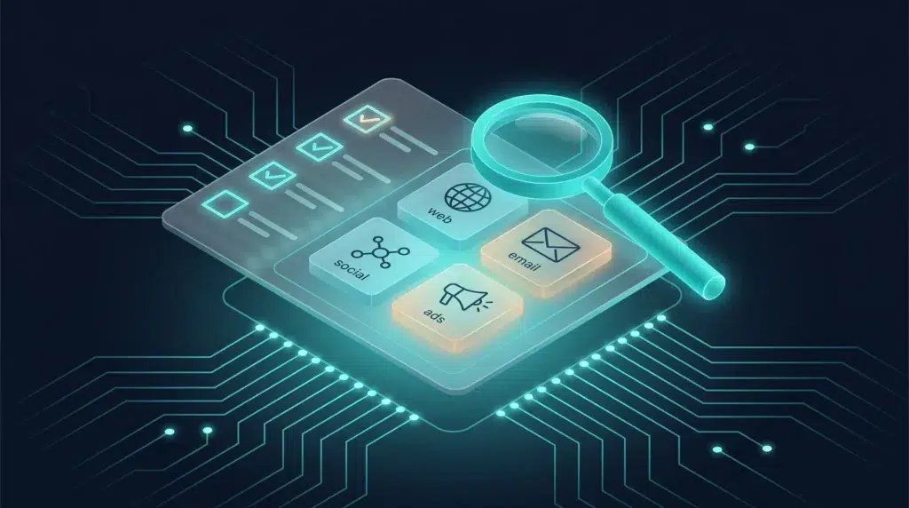 Tablero de diagnóstico con lista de verificación y lupa revisando cada canal en busca de incidencias