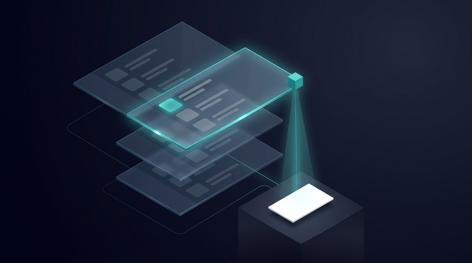 Ilustración isométrica: cuatro capas de listados apiladas, solo una iluminada, de la que desciende un haz hacia una única tarjeta blanca; representa de qué fuentes construye una IA su recomendación de consultoras de marketing digital.