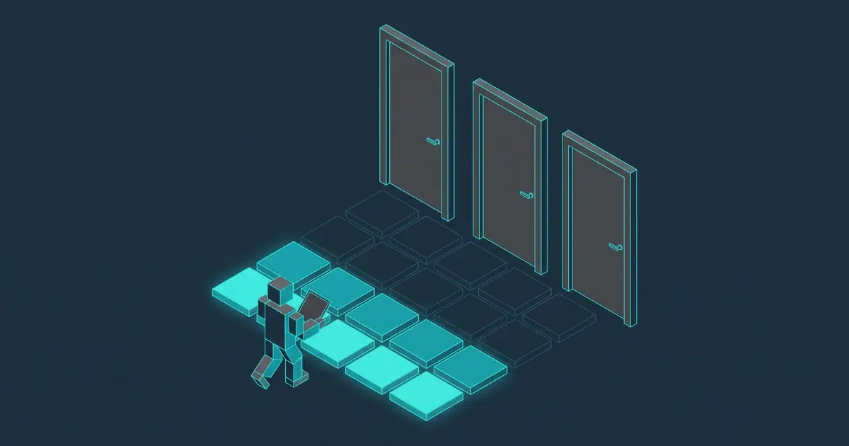 Tres puertas cerradas de comercio agéntico frente a un suelo de cimientos a medio colocar, metáfora de lo que un ecommerce español sí puede preparar hoy