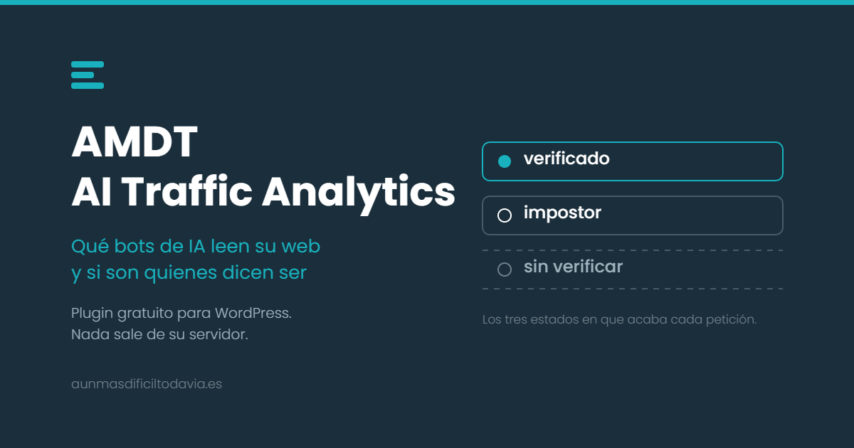 Plugin AMDT AI Traffic Analytics para WordPress: los tres estados en que acaba cada peticion de un bot, verificado, impostor y sin verificar