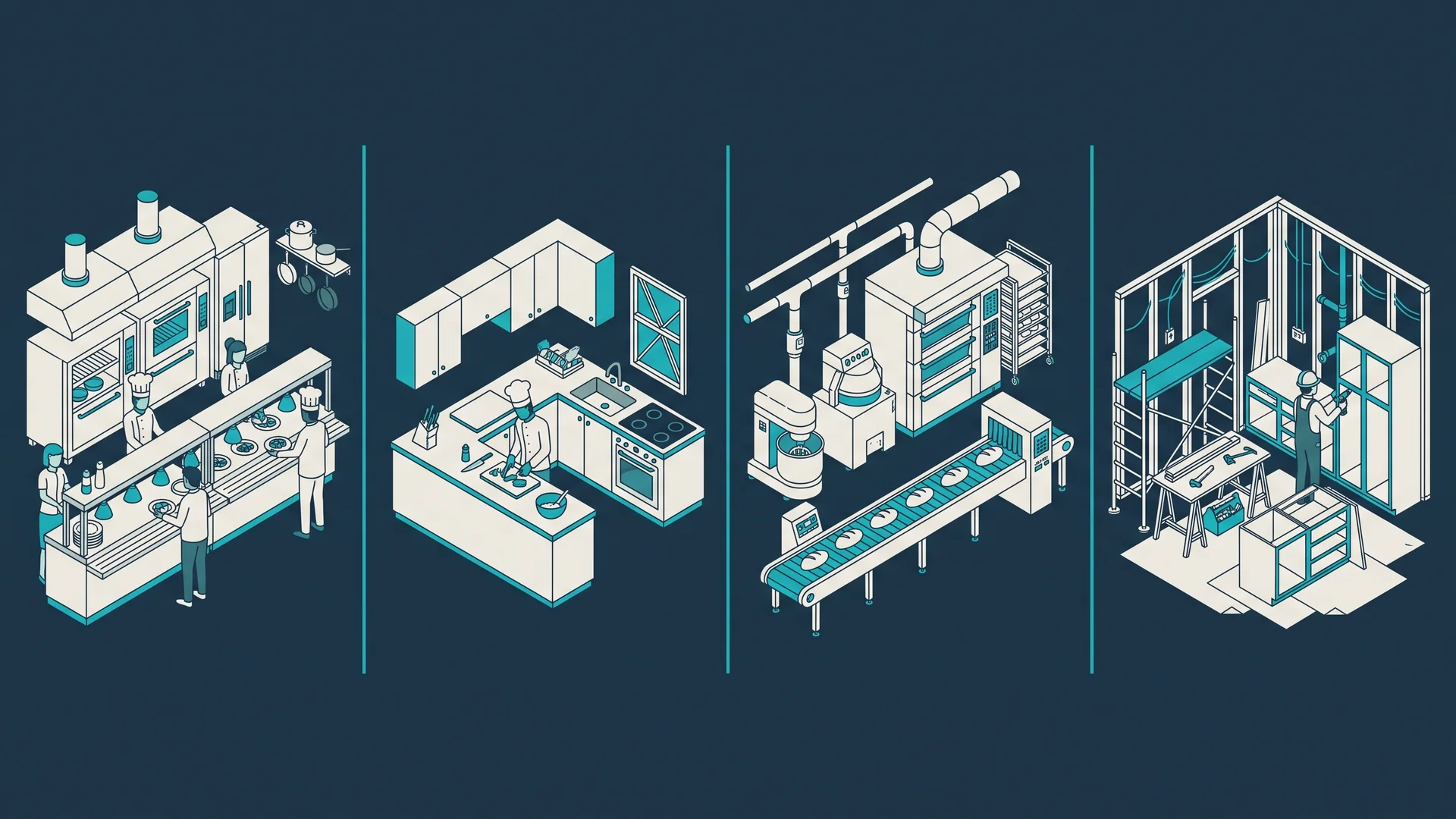 Cuatro cocinas isométricas de distinto tamaño que representan Open WebUI, LM Studio Bionic, OpenCode y DeepSeek Harness como herramientas de IA local para pymes