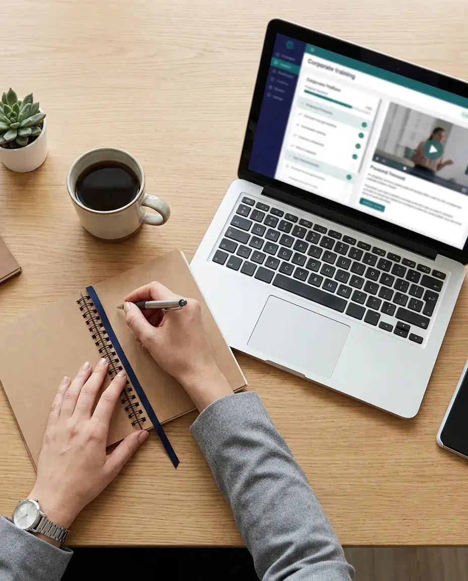 Profesional tomando notas mientras sigue un curso en la plataforma de formación online de su empresa