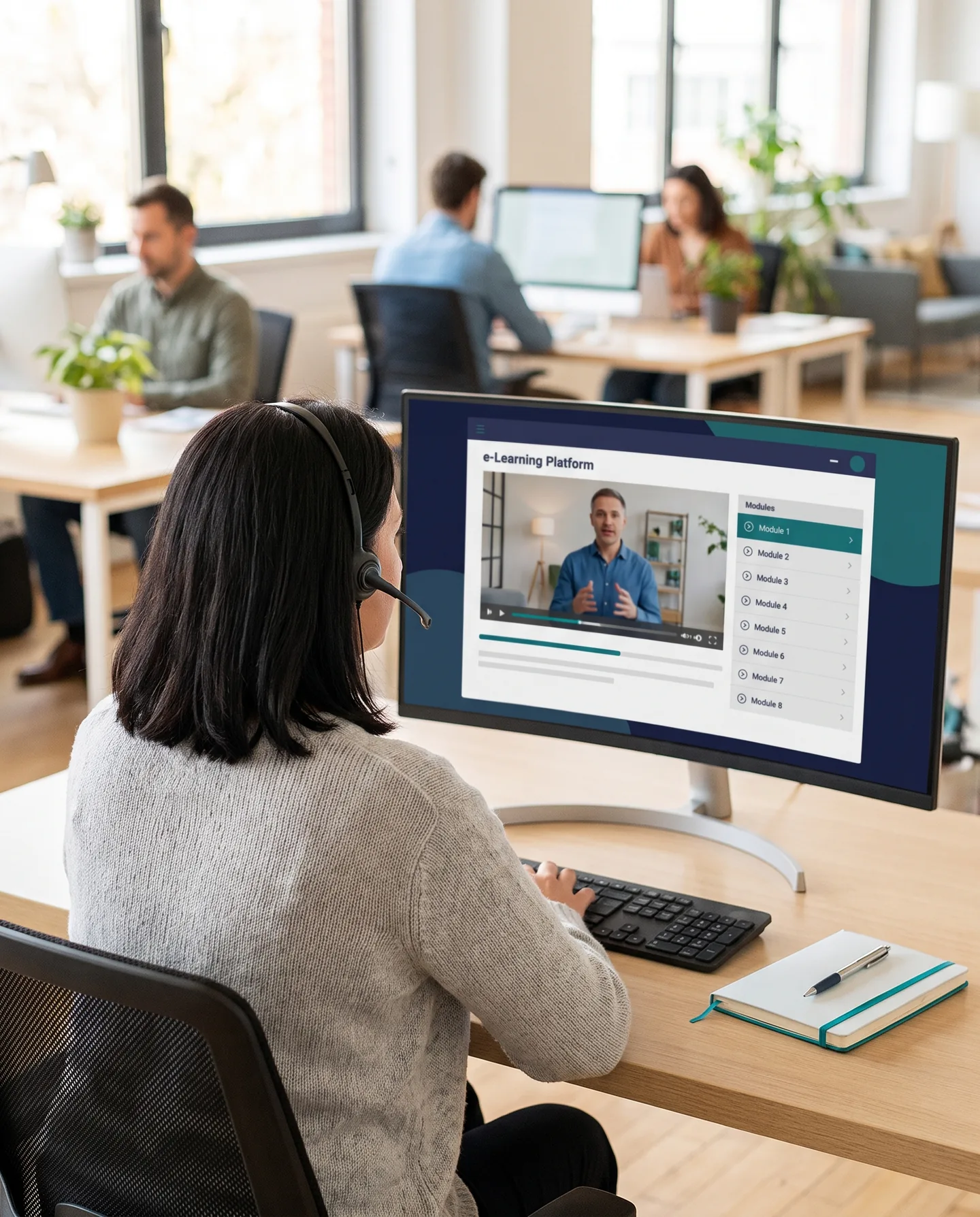Empleada siguiendo una videoclase con auriculares en la plataforma de formación online de su empresa
